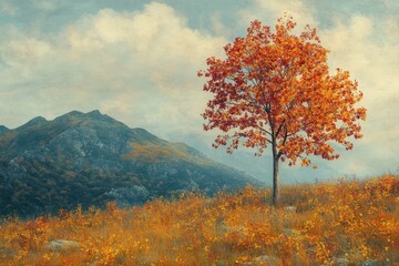 A lone tree stands in a green field, surrounded by rolling hills and majestic mountains