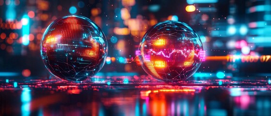 Two glowing spheres in vibrant colors reflect a futuristic cityscape, showcasing a blend of technology and artistic design.