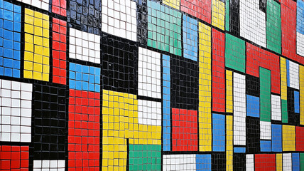 vibrant mosaic featuring repeated tiles in bold colors like red, blue, green, yellow, and black creates striking visual impact. This artwork showcases geometric patterns and playful design