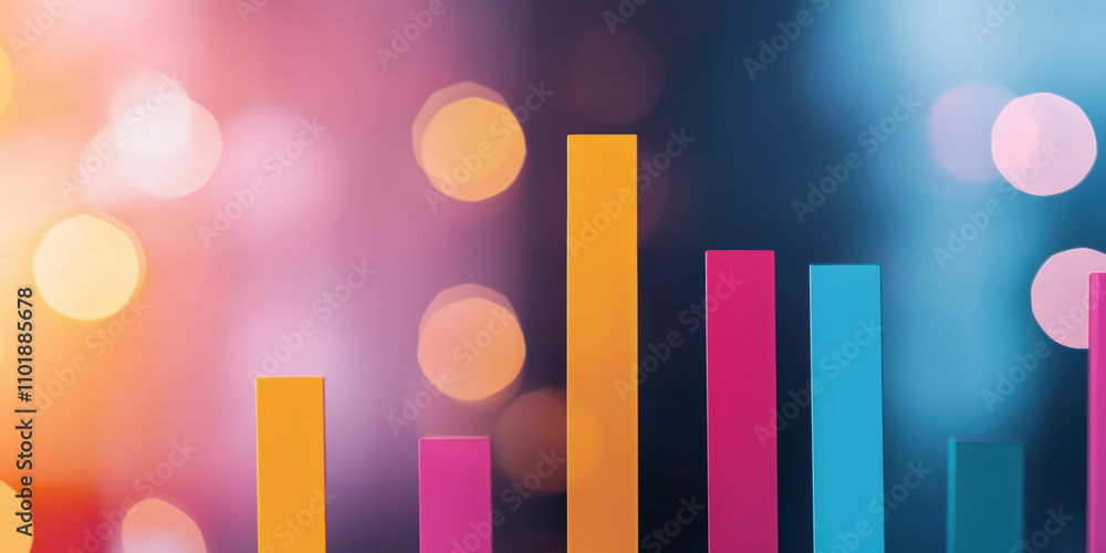 Poster a vibrant abstract representation of bar graphs, with colorful vertical lines against a blurred, ill