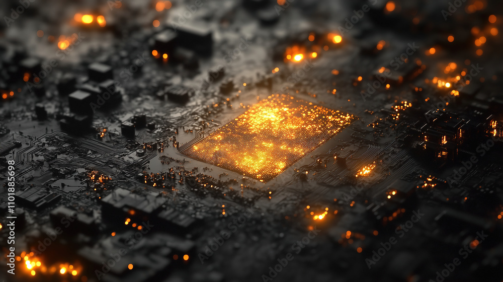 Poster abstract view of a glowing microchip amidst a dark circuit board illuminated by bright sparks. gener