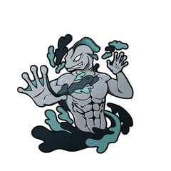 The Guardian of the Waters: Strong and Innovative Half-Man, Half-Fish Mascot. blue and white digital illustration.