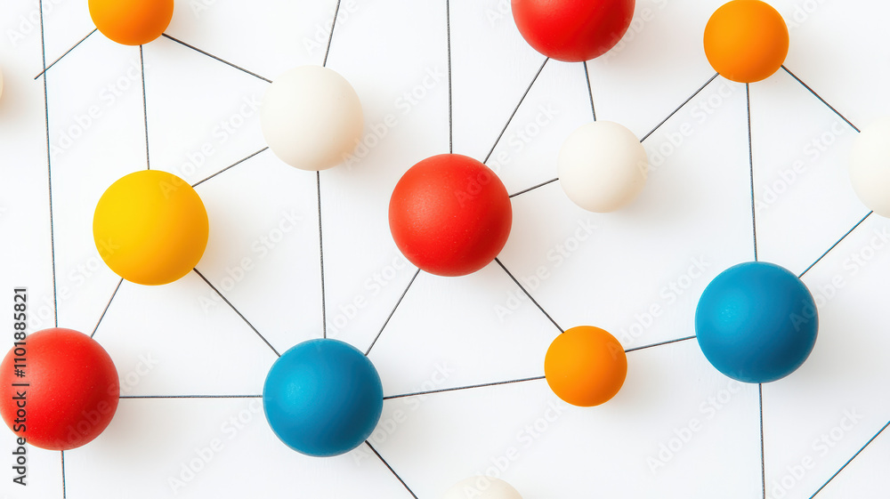Poster a colorful arrangement of spheres connected by lines, suggesting a scientific or abstract representa