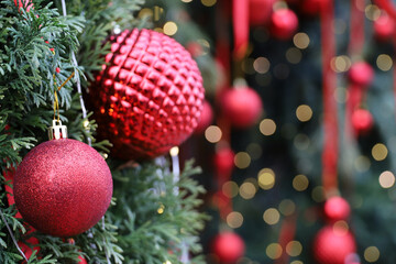 New Year background, Christmas tree branches with red balls on golden lights background