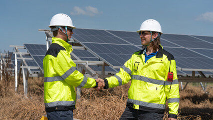 Caucasian electrician, technician, or engineer employed at a solar farm or sungrid plant that promotes clean, renewable energy,sustainable energy concept.