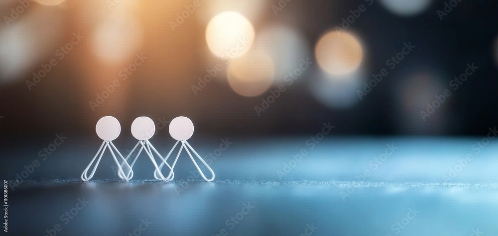 Poster a minimalistic depiction of three white paperclip figures positioned on a surface, set against a sof