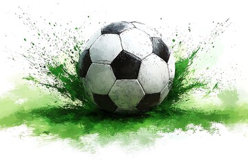Abstract Football ball on green grass watercolor painting background.