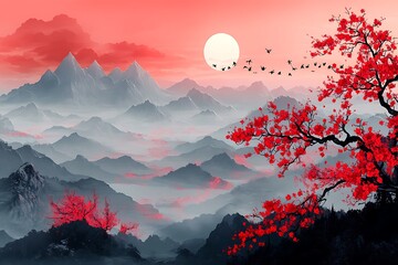 Ink wash painting with red sun and mountains in fog. Panoramic landscape in traditional oriental ink painting sumi-e, u-sin, go-hua style. Translation of hieroglyph - eternity.