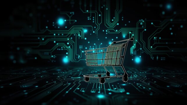 Sale promotion poster design with shopping cart digital future concept.