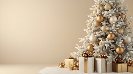 White Christmas tree decorated with gold ornaments and wrapped presents, set against soft beige background, presenting luxurious festive scene in monochromatic scheme with gold accents.