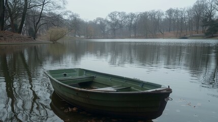 Tranquil lake scene with lush green trees and a gentle boat floating on serene waters