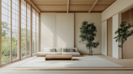 Minimalist, japandi style interior design of modern living room
