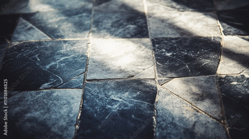 Poster dark stone floor with geometric patterns illuminated by sunlight in a serene environment