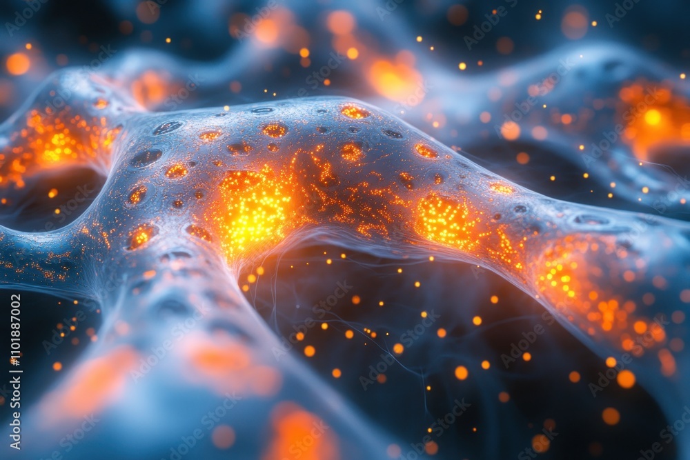 Poster abstract glowing blue and orange network with small particles.