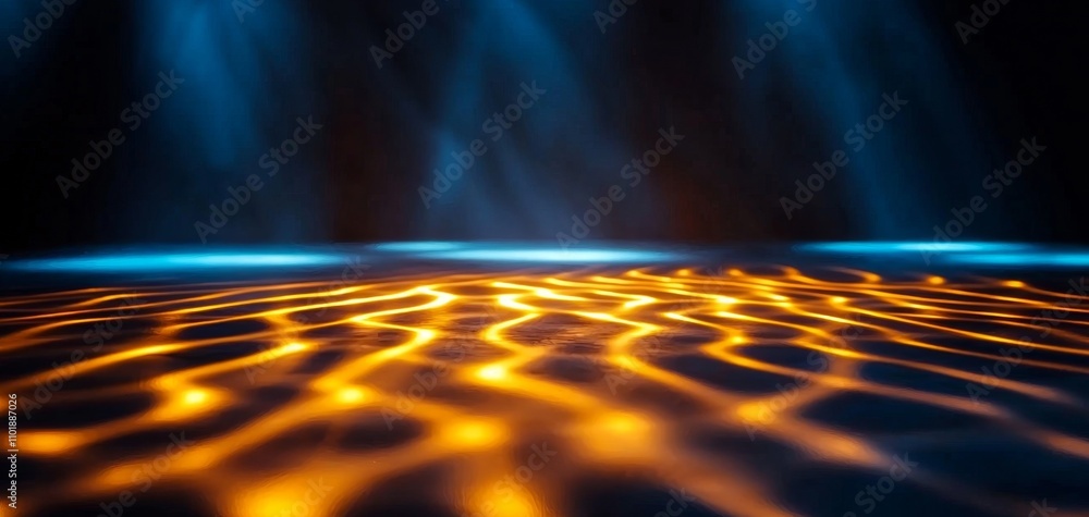 Poster a vibrant scene of shimmering water with golden ripples illuminated by soft blue lighting, creating 