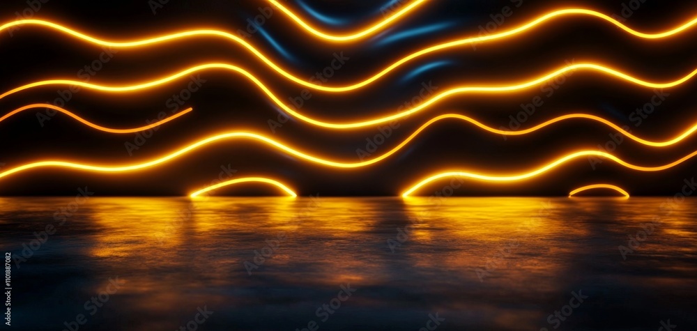 Poster a vibrant, abstract backdrop featuring glowing wavy lines in orange and blue against a reflective su