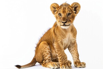 A young lion sits on a white surface, looking curious
