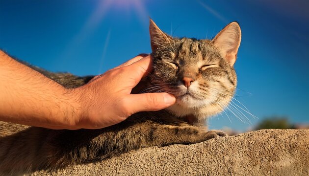  A relaxed cat enjoys a gentle pet from a human hand in warm sunlight with its face clearly _1(491)