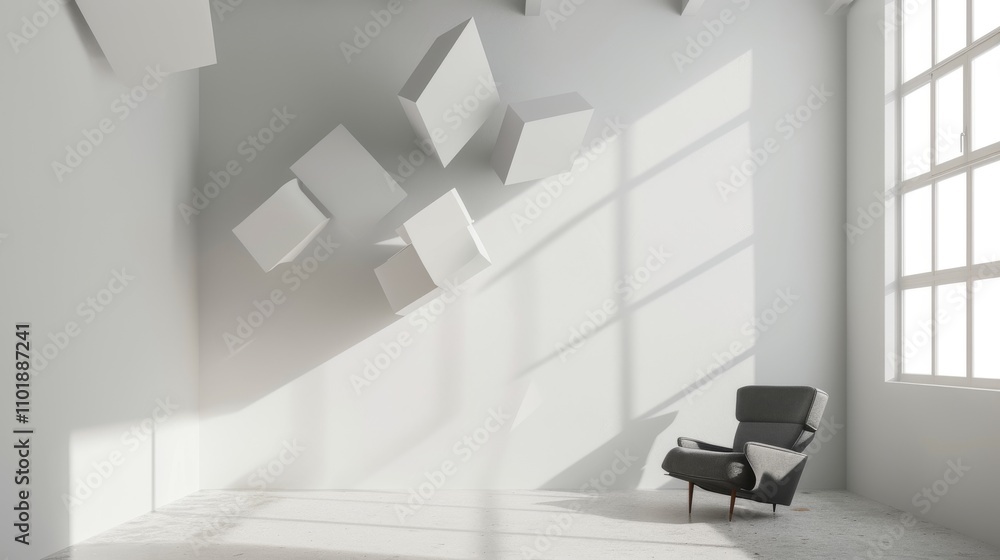 Poster a minimalist interior with large floating cubes casting shadows on the wall. a lone modern armchair 