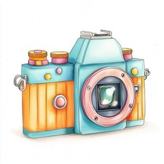 A retro camera with a hand crank clipart, cartoon drawing style, playful detail, isolated on white background