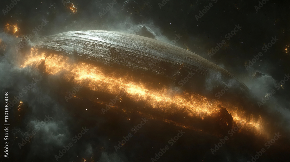 Poster mysterious spacecraft engulfed in flames traversing through cosmic clouds in a distant galaxy. gener