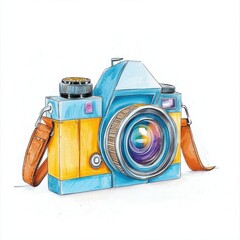 A retro film camera with a leather strap clipart, cartoon drawing style, bold outlines, isolated on white background