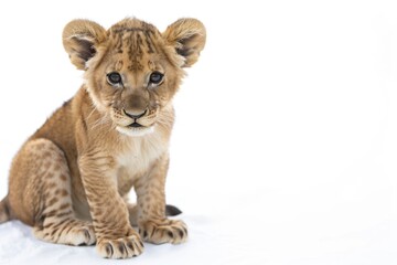 Obraz premium A small lion cub sits in the snow, surrounded by winter landscape