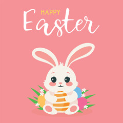  happy easter bunny card with eggs with flowers and rabbit . flat minimalistic illustration modern style postcards, poster, ad