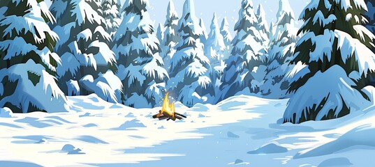 Winter forest scene of snow covered trees and a group singing holiday songs by a campfire