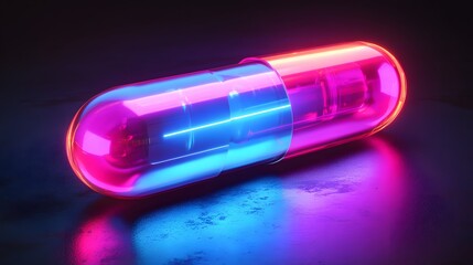 Futuristic glowing neon pill capsule with transparent glass effect, featuring pink and blue gradient holographic effects against dark background in cyberpunk pharmaceutical&nbsp;style.