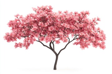 Fototapeta premium A single tree with bright pink flowers blooming against a clean white background