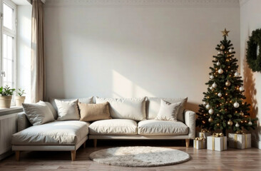 Bright and inviting living space featuring a beautifully decorated Christmas tree with gifts below during winter