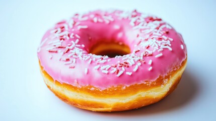 Obraz premium A delicious pink frosted doughnut topped with colorful sprinkles on a clean white background