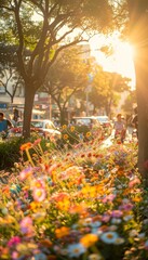 Joyful spring day  people jogging and biking along a flower lined trail under the bright sun