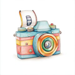 A vintage camera with a roll of film hanging out clipart, cartoon drawing style, whimsical touch, isolated on white background