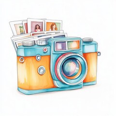 A vintage camera with a stack of developed photos clipart, cartoon drawing style, fun details, isolated on white background
