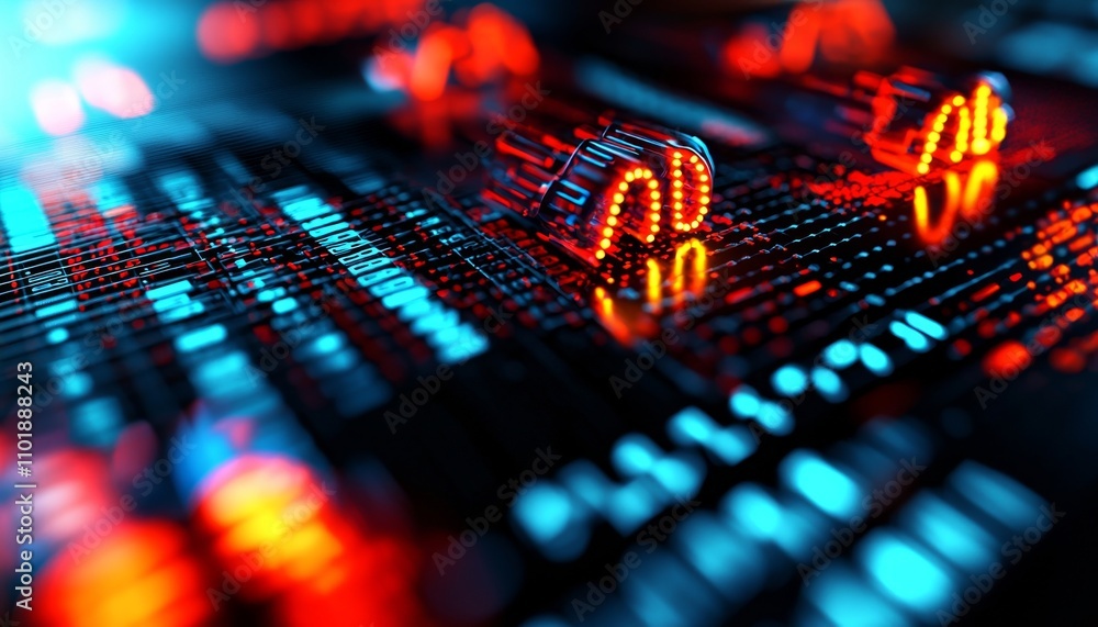 Poster a vibrant, abstract representation of digital data, featuring glowing red and blue elements against 