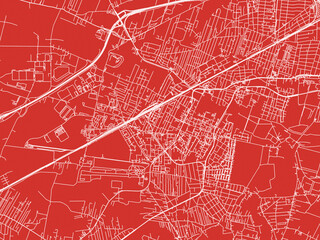 Christmas Map of Pruszkow, Poland in Snowy White on Festive Red Background.