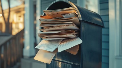 Overflowing mailbox filled with letters and documents creating a sense of disorganization, capturing the essence of busy life and correspondence challenges in a suburban neighborhood.