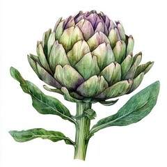 Fototapeta premium Watercolor artichoke illustration with green leaves and purple tips.