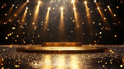Dramatic Stage with Shining Spotlights Illuminating a Performance Area
