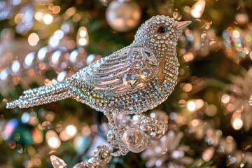 A silver bird perched on top of a decorated Christmas tree, surrounded by festive decorations