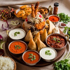 ndian Food: Chapathi, Rice, Non-Veg Curries, Veg Curries, Chicken Biryani, Mutton Biryani, and Fish Biryani - Traditional Indian Meal Platter for Blogs, Menus, and Cookbooks.