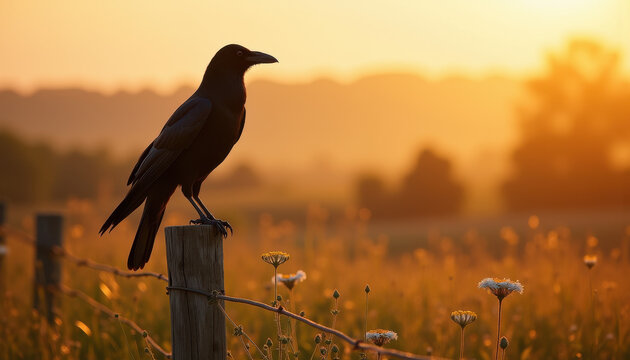 Raven perched on fence post at sunset, capturing the beauty of nature and tranquility