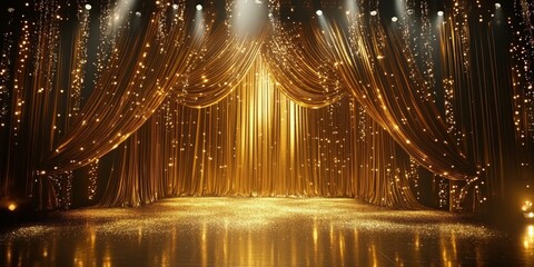 Obraz premium Golden Curtain Backdrop with Shimmering Lights for Events and Shows