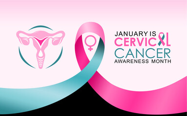 January is Cervical Cancer Awareness Month vector. Cervical cancer teal awareness ribbon icon vector isolated on a pink background. Suitable for banners, posters, cars and social media posts.