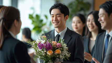 送別会で花束を受け取る日本人ビジネスパーソン