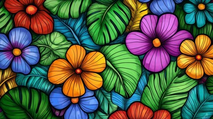 Tropical Flowers and Leaves Pattern - Colorful Floral Art