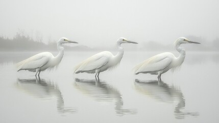 Obraz premium Elegant Trio of Graceful Egrets Wading in Misty Wetland Landscape