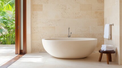 Fototapeta premium interior design zen accents concept, A serene bathroom featuring a modern, freestanding bathtub, natural stone walls, and large windows that invite light and greenery.